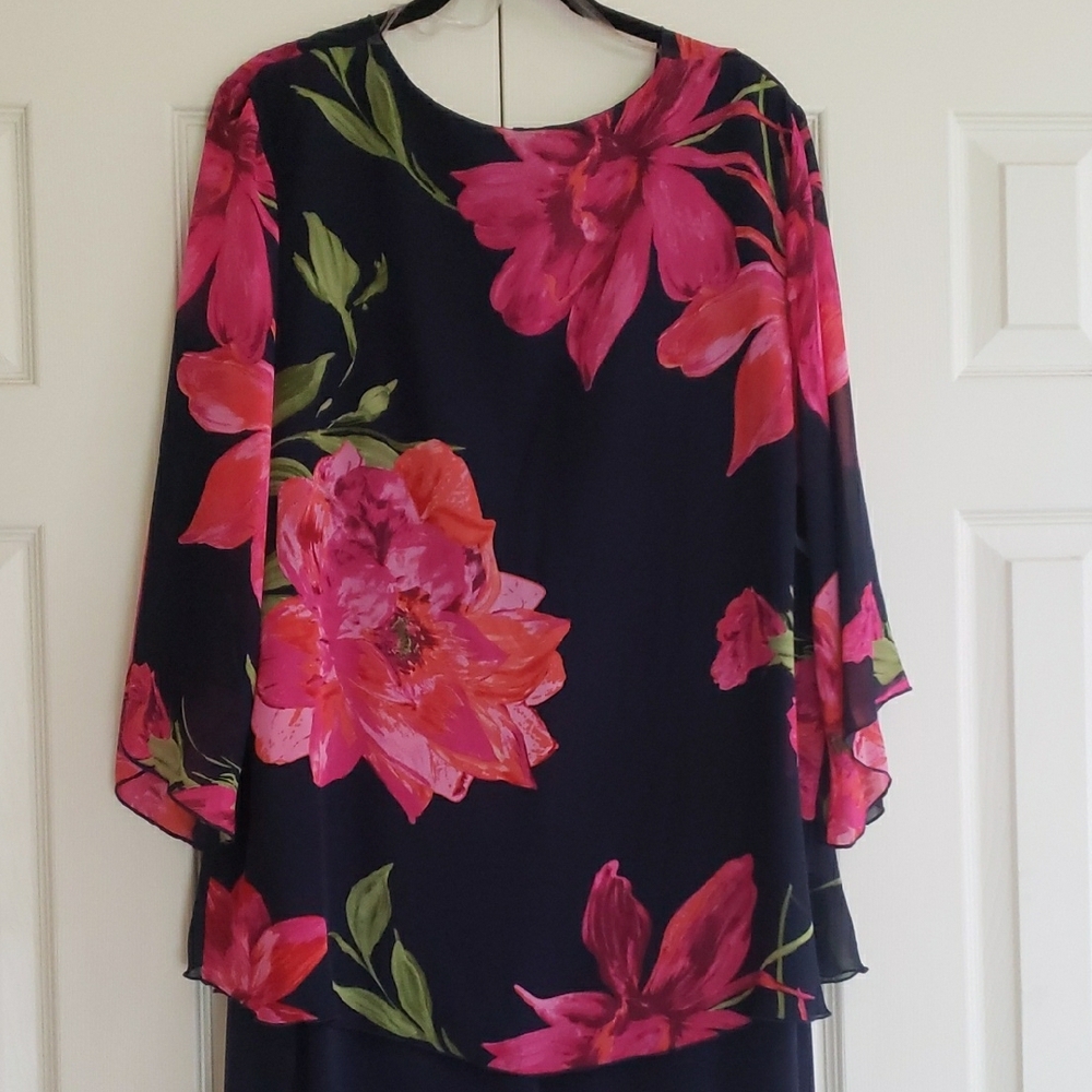 Tiana B Women's Printed Floral Chiffon Mock Overlay Kimono Dress w/Necklace - Picture 7 of 14